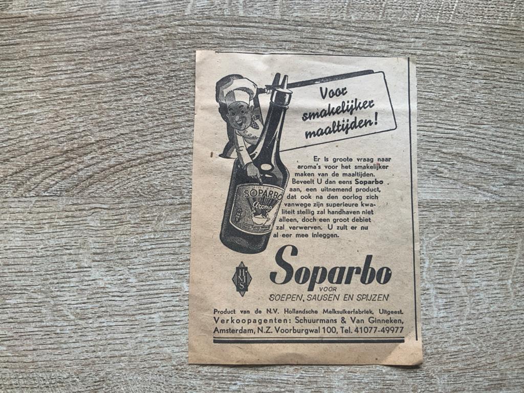 Soparbo.Aroma.Knipsel uit 1942, Ophalen of Verzenden, 1940 tot 1960, Knipsel(s)