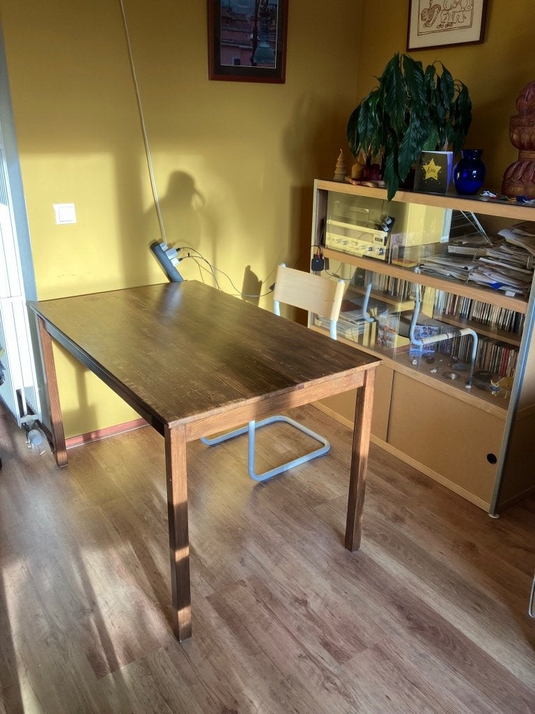 Set: massief grenen eettafel (IKEA Ingo) met 2 stoelen, Ophalen, Gebruikt, 100 tot 150 cm, 50 tot 100 cm