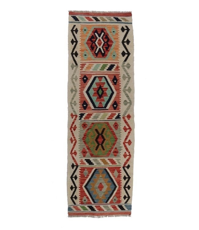Handgeweven Kelim Runner Wollen Vloerkleed 200x64 cm, Crème, Rechthoekig, Nieuw, 200 cm of meer