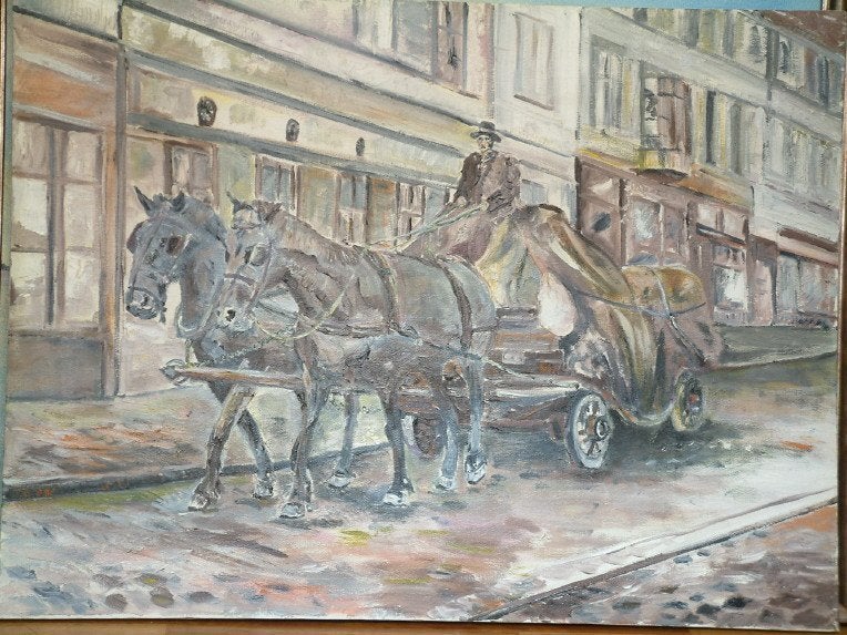 paard en wagen   60 x 80 cm olie verf, Antiek en Kunst, Kunst | Schilderijen | Klassiek, Ophalen of Verzenden, Klassiek, Olieverf