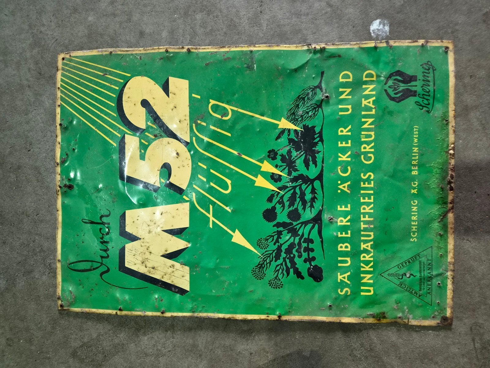 Vintage Schering M52 blikken Reclamebord - Onkruidbestrijdin, Ophalen of Verzenden, Gebruikt, Reclamebord