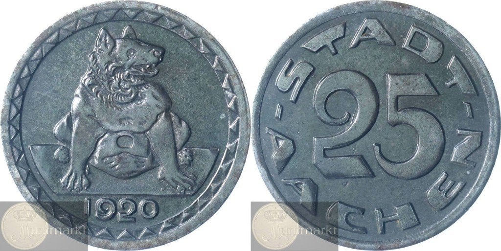 Duitsland - Stad Aachen Noodgeld 25 Pfennig 1920 'Met Jaar', Ophalen of Verzenden, Duitsland, Losse munt