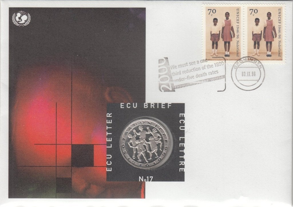 Nederland ECU brief No. 17 50 Jaar Unicef 1996 met penning, Ophalen of Verzenden, Overige materialen, Nederland