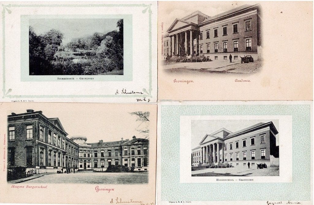 4 Oude Ansichtkaarten Groningen: Sterrebosch, Academie, HBS, Ophalen of Verzenden, Voor 1920, Gelopen, Groningen