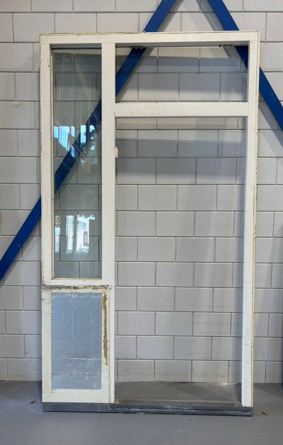 Kozijn met deur en bovenraam. hout, dubb glas, , nette staat, Gebruikt, Deurkozijn, 150 tot 225 cm, Inclusief glas
