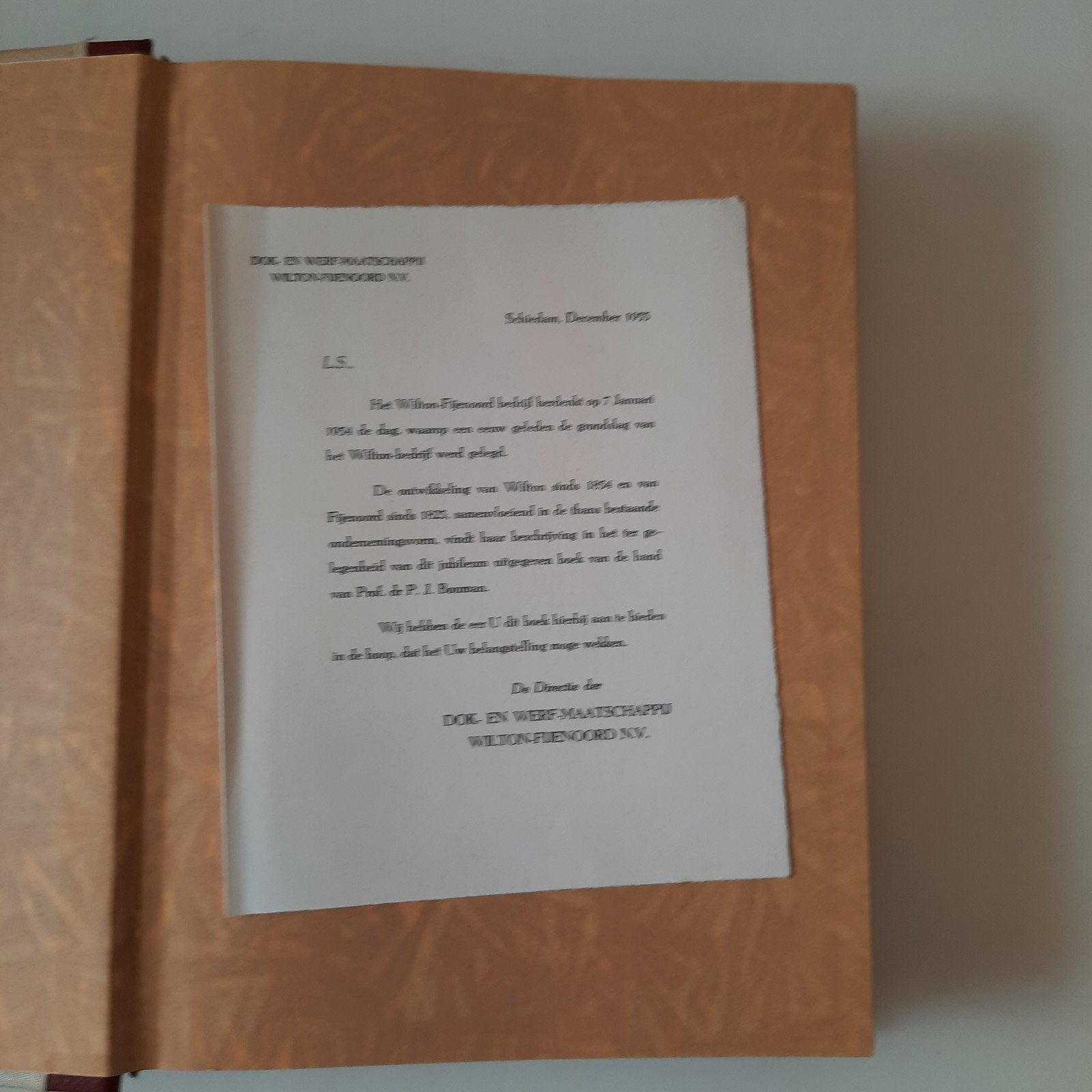 WILTON-FIJENOORD Gedenkboek 1854 - 1954 met officiële brief, Ophalen of Verzenden, Boek of Tijdschrift