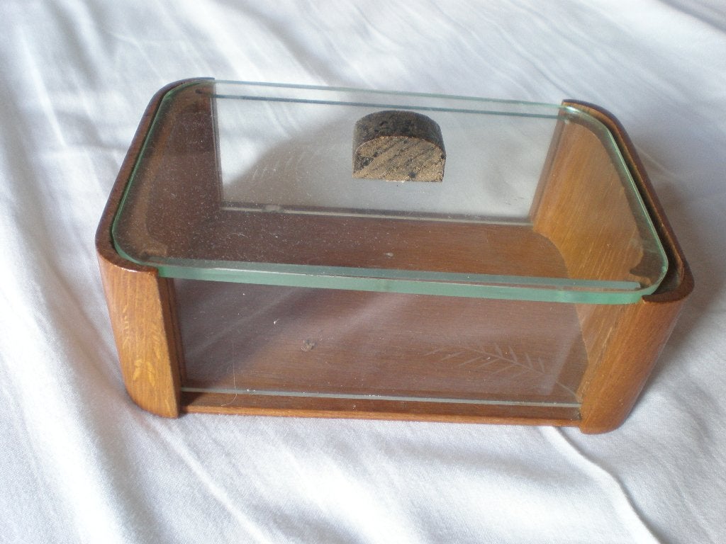 Vintage glazen/houten opbergbakje., Ophalen of Verzenden