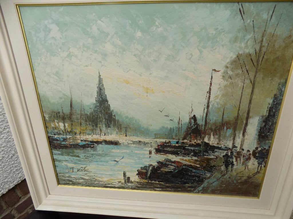 Schilderij Amsterdams havengezicht ingelijst, Ophalen of Verzenden, Gebruikt