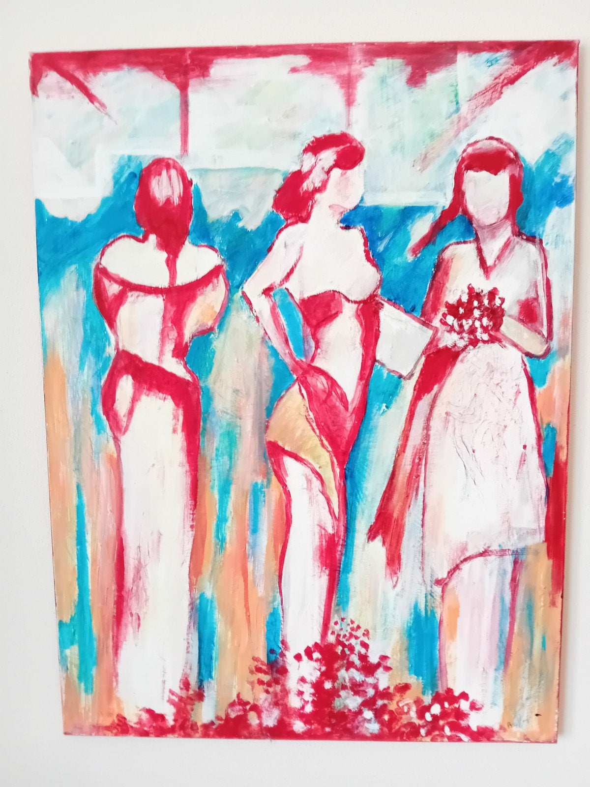 Modern schilderij: Drie Vrouwen in Rood en Wit, Ophalen