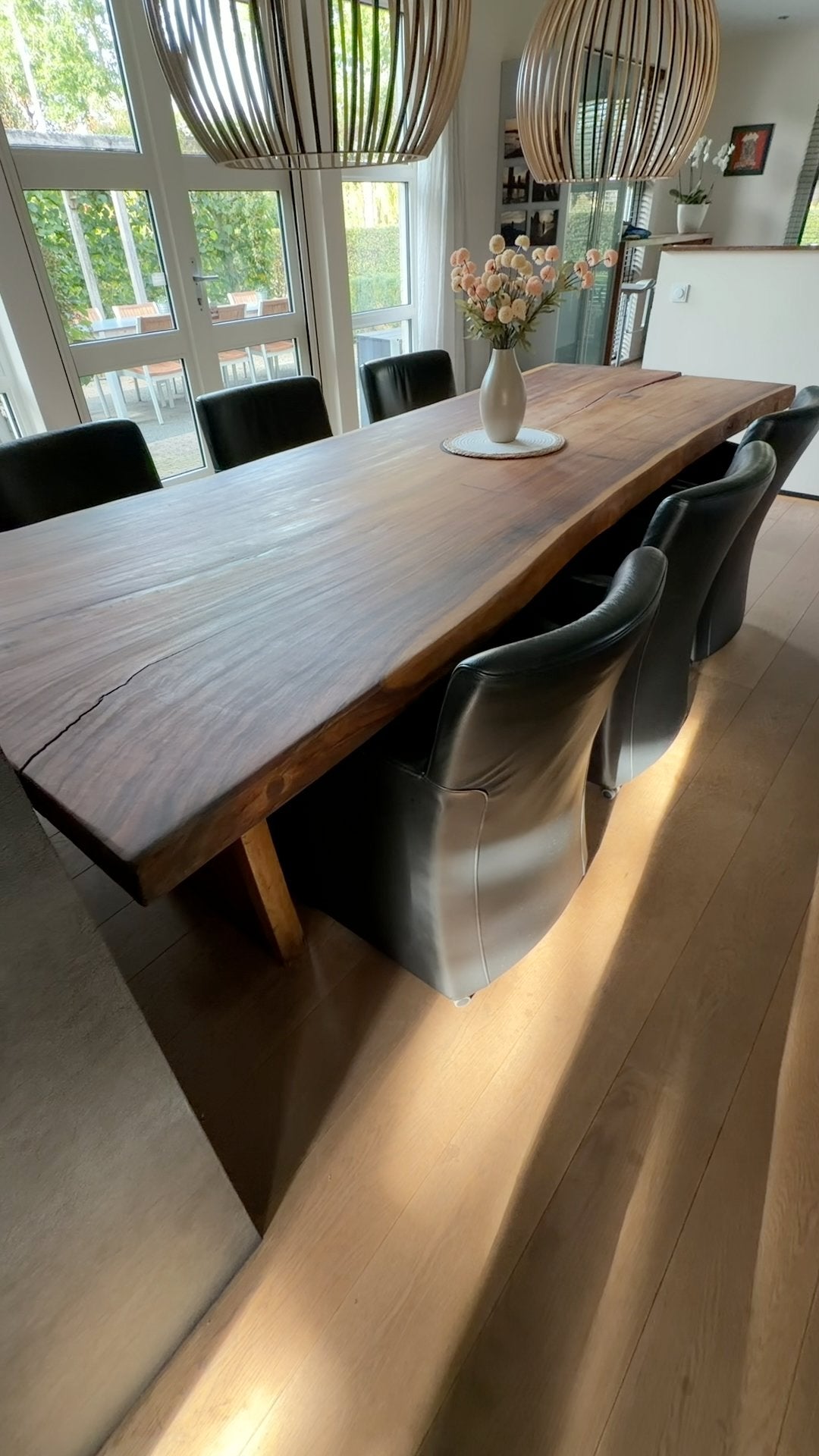 Zwarte leren eetkamerstoelen met wieltjes (6 stuks), Ophalen, Overige materialen, Minder dan 50 cm, Gebruikt