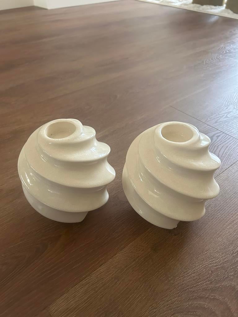 Set van 2 Witte Keramische Waxinelichthouders, Overige materialen, Wit, Ophalen of Verzenden, Zo goed als nieuw