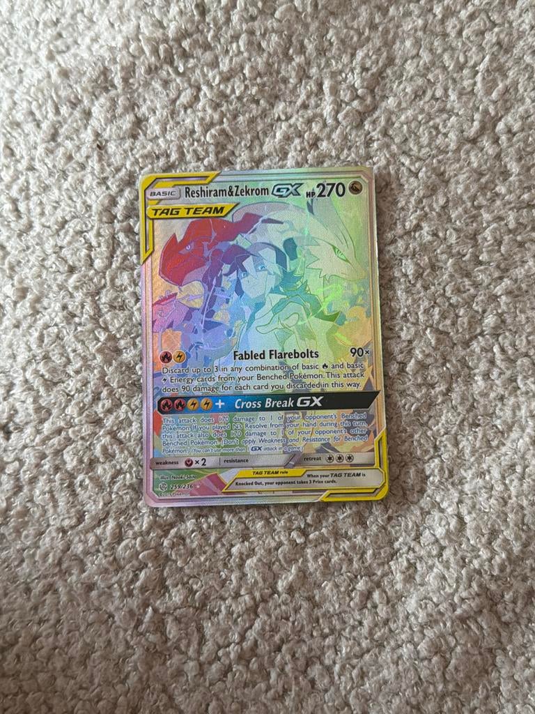 Reshiram & Zekrom GX TAG TEAM Pokémon Kaart (Full Art)secret, Ophalen of Verzenden, Zo goed als nieuw, Losse kaart, Foil