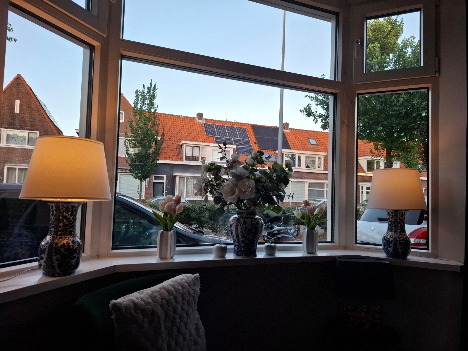 Set van 2 Delfts Blauwe Tafellampen met Crème Kappen, Blauw, Met schakelaar, Gebruikt, Overige merken