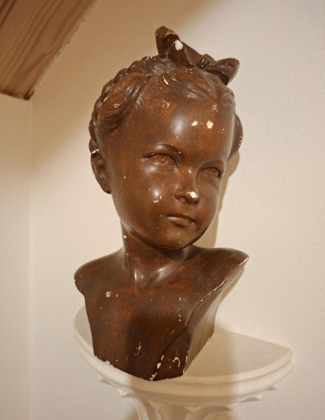 Vintage Buste van Kind - Gesigneerd R. Scali, Antiek en Kunst, Kunst | Beelden en Houtsnijwerken, Ophalen, Gips, Buste, Gepatineerd