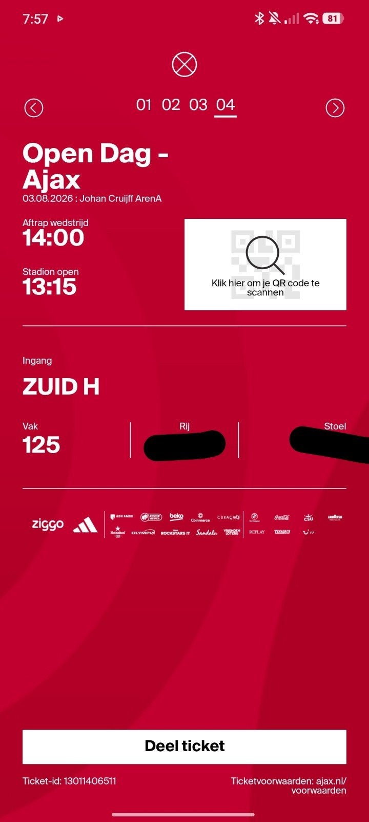 Ajax Open dag tickets 4x, Losse kaart, Drie personen of meer, Augustus