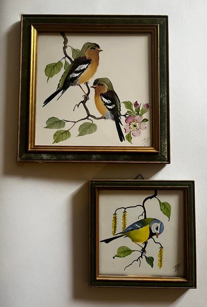 Handgeschilderde porseleinen vogeltegels — set van 2, Ophalen of Verzenden