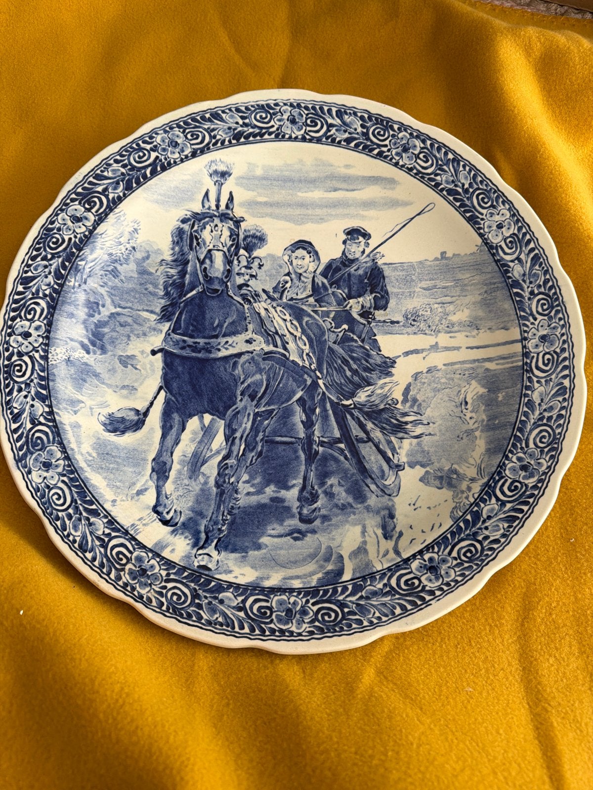 Antiek Delfts Blauw Wandbord - Paard en Wagen, Ophalen