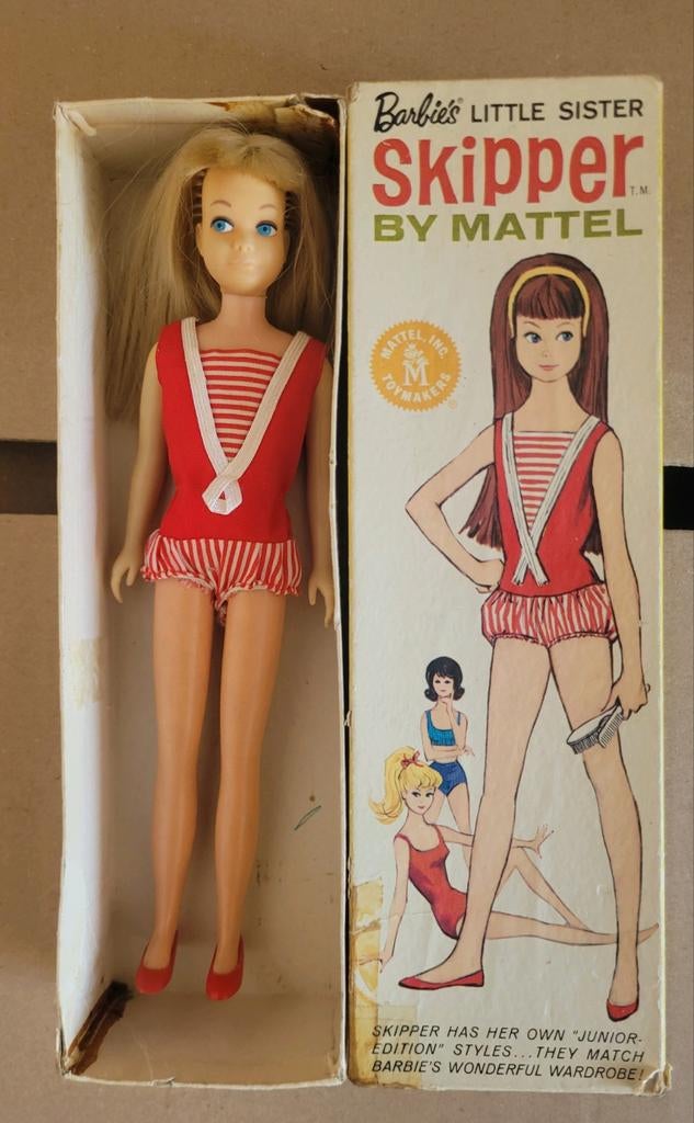 Vintage Skipper Barbie in doos / jaren 60, Ophalen of Verzenden, Gebruikt, Pop