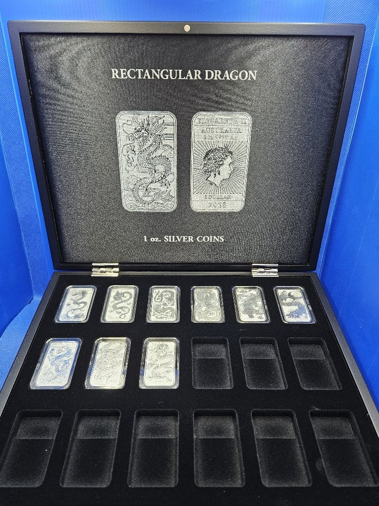 (A337) AUSTRALIA RECTANGLE DRAGONS ONE OUNCE ALLE 9 JAREN, Ophalen of Verzenden, Setje, Zilver