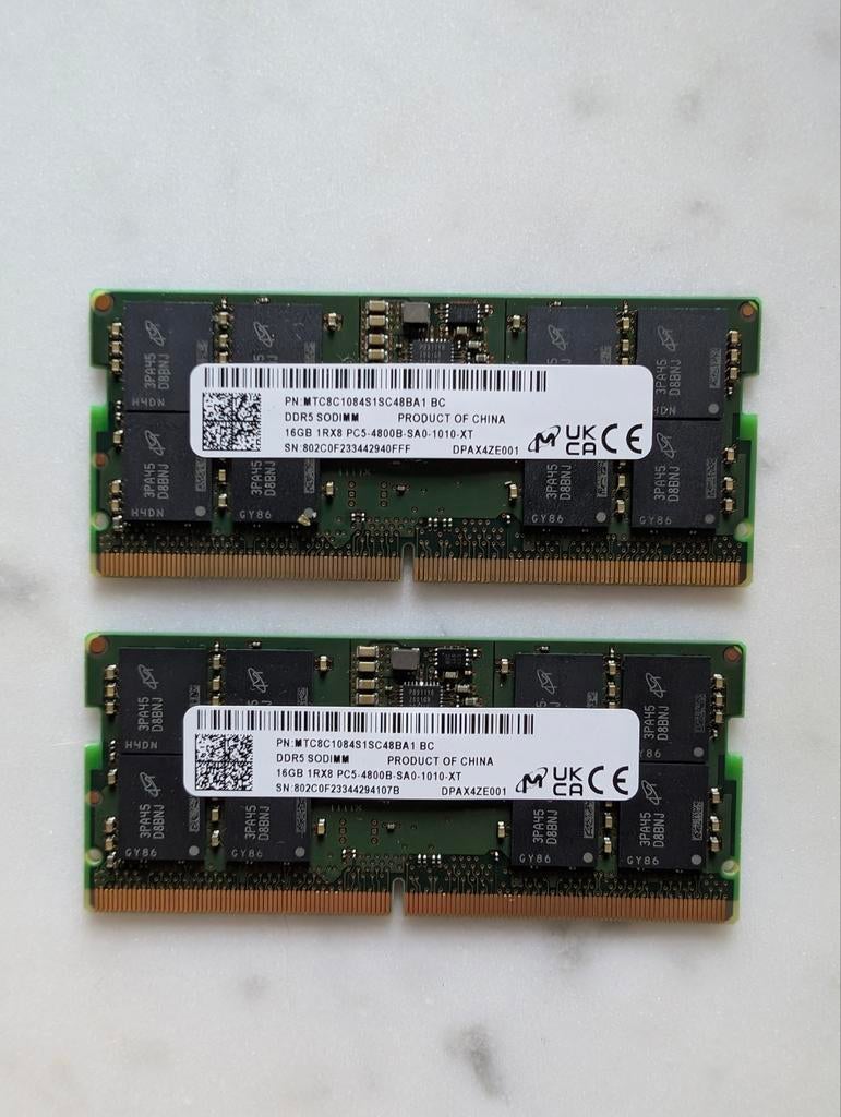 Laptop RAM 2x 16GB DDR5 SODIMM 4800MHz, Computers en Software, Ophalen of Verzenden, Zo goed als nieuw, DDR5, Laptop