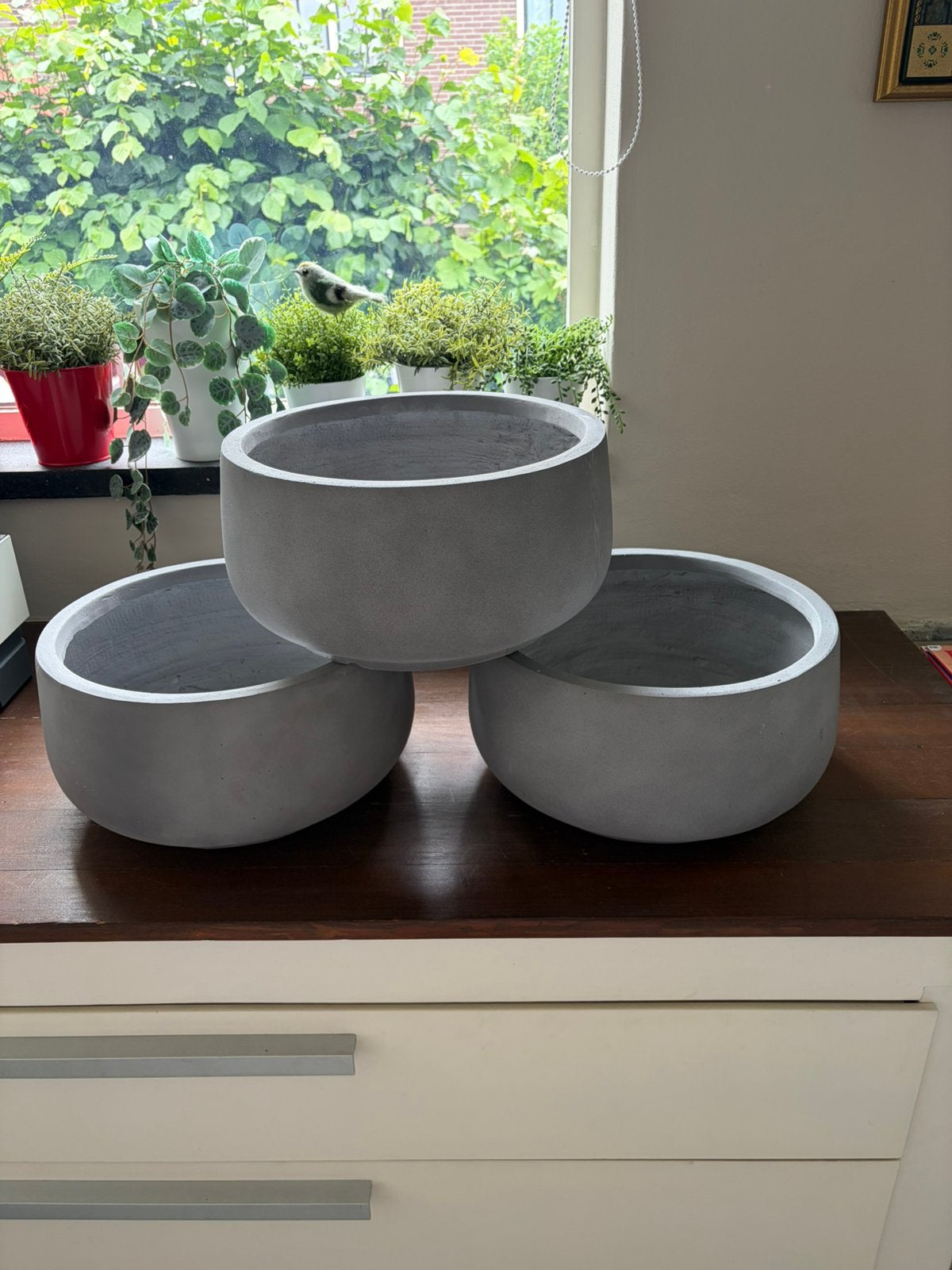 3 x ronde bloembak grijs vezelklei beton-look doorsnee 36 cm, Tuin en Terras, Bloempotten, Rond, Nieuw, Minder dan 40 cm, Balkon