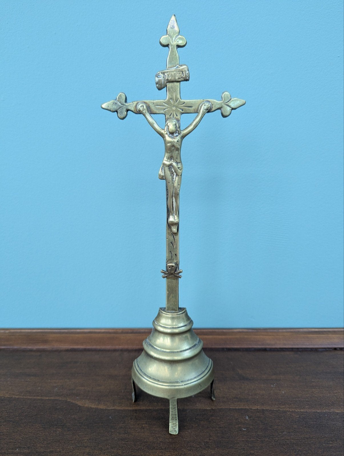Antiek Messing Altaarkruis / Crucifix met Schedel (19e Eeuw), Ophalen of Verzenden