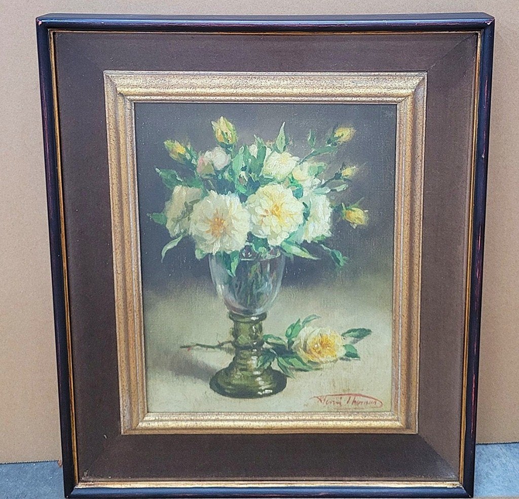 Henri THOMAS, Vaas met gele dahlia's, Bloemen, Doek, Ophalen of Verzenden, Olieverf