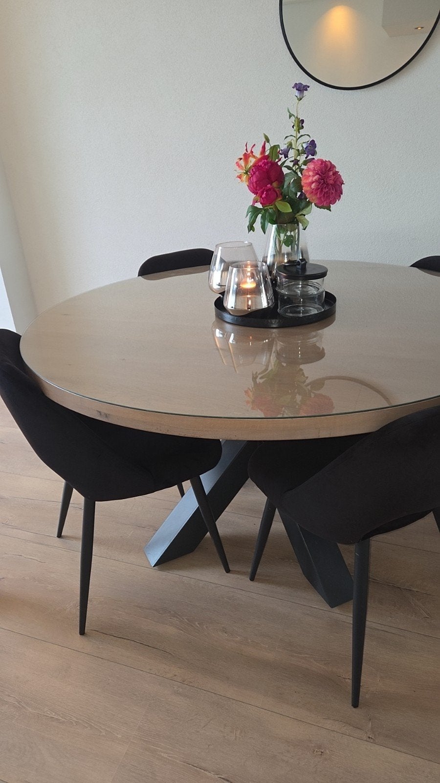 Prachtige ronde eettafel met glasplaat 140 cm, Huis en Inrichting, Tafels | Eettafels, Ophalen, Glas, Rond, Zo goed als nieuw