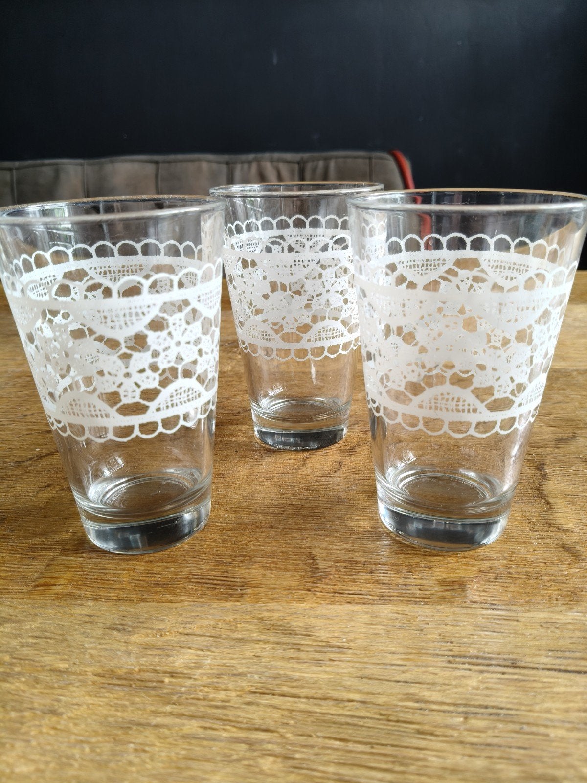 Set van 3 Cerve "Dentelle" drinkglazen - Wit kantmotief, Huis en Inrichting, Glas of Glazen, Gebruikt, Overige merken, Landelijk/Boerenbont