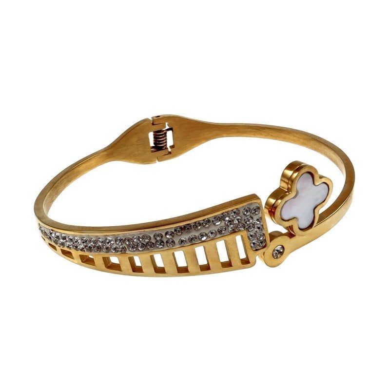 Stijve Armband Dames RVS Verguld Bangle Parelmoer Klavertje, Met kristal, Birgitta-Gracht 33, 6465 EL Kerkrade, Nederland, Verzenden