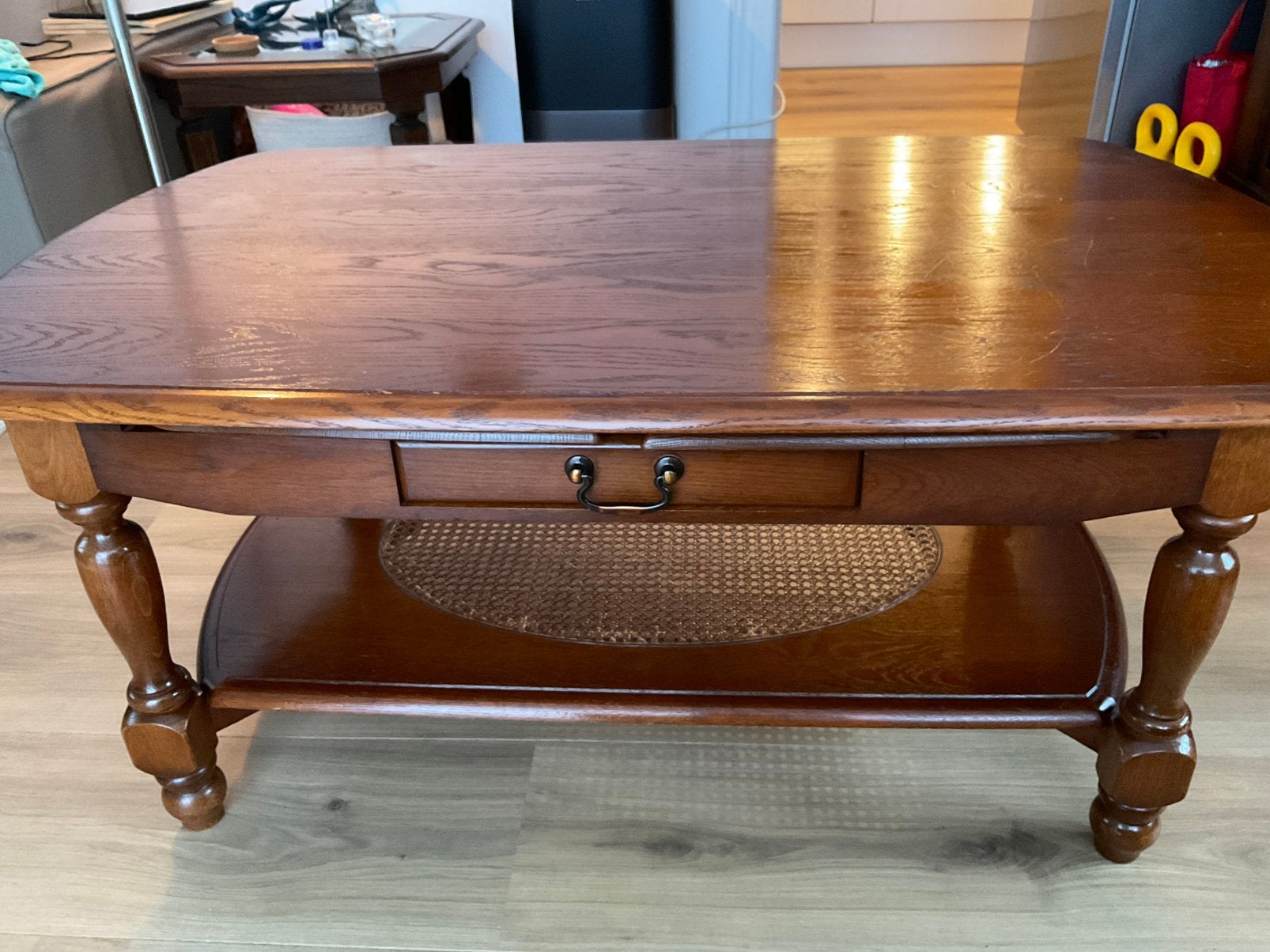 Vintage eiken salontafel met lade + 2 uitschuifbladen, Ophalen, Gebruikt, 100 tot 150 cm, 50 tot 100 cm