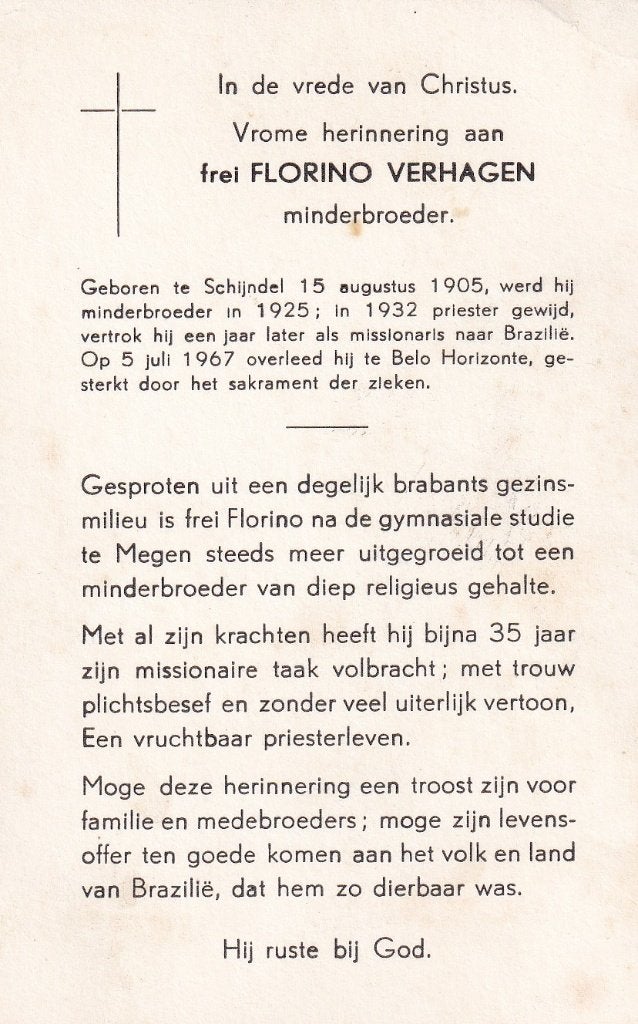 Verhagen Florino 1905 Schijndel 1967 Belo priester, Ophalen of Verzenden, Bidprentje