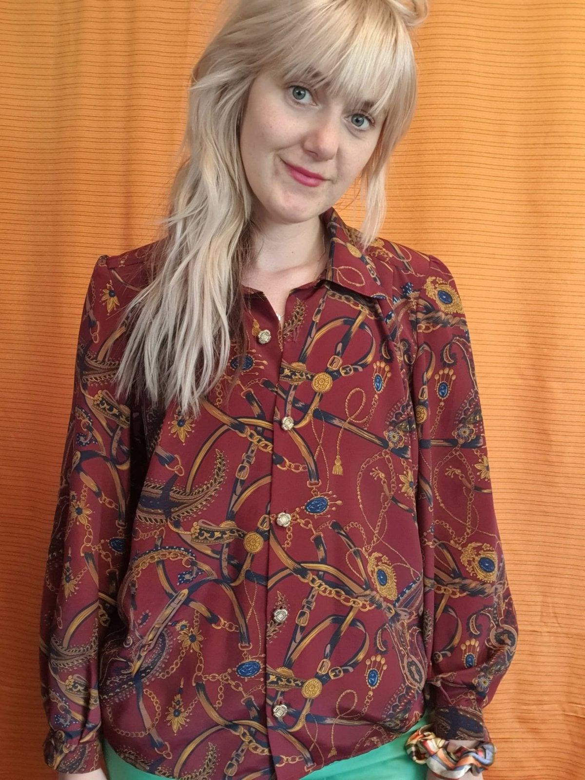 Vintage blouse jaren 90 — bordeaux barok kettingprint,, Maat 38/40 (M), Hgv, Hgv, Ophalen of Verzenden
