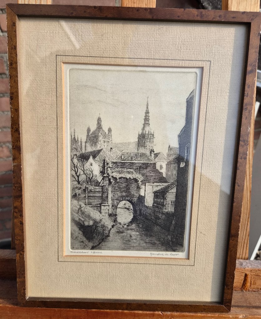 Hendrik de Laat (1900-1980) Marktstraat Den Bosch, ets, Gesigneerd, Ets, Architectuur, Ophalen of Verzenden