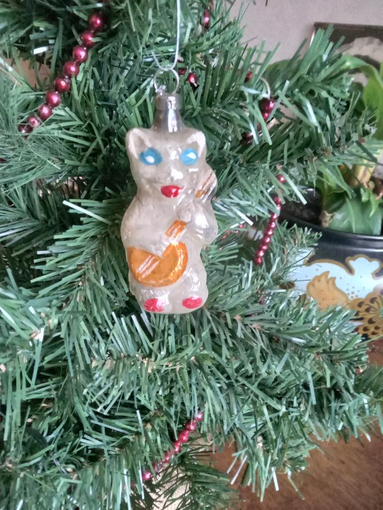 oude glazen kerstbal model beertje met banjo, Ophalen of Verzenden, Gebruikt