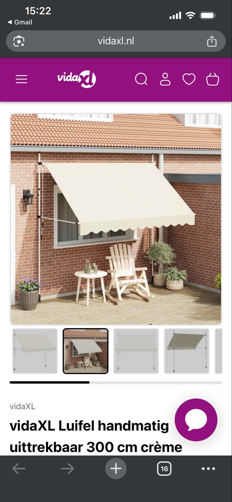 vidaXL Luifel handmatig uittrekbaar 300 cm crème, Tuin en Terras, Ophalen, Gebruikt, 250 cm tot 450 cm, Knikarmscherm