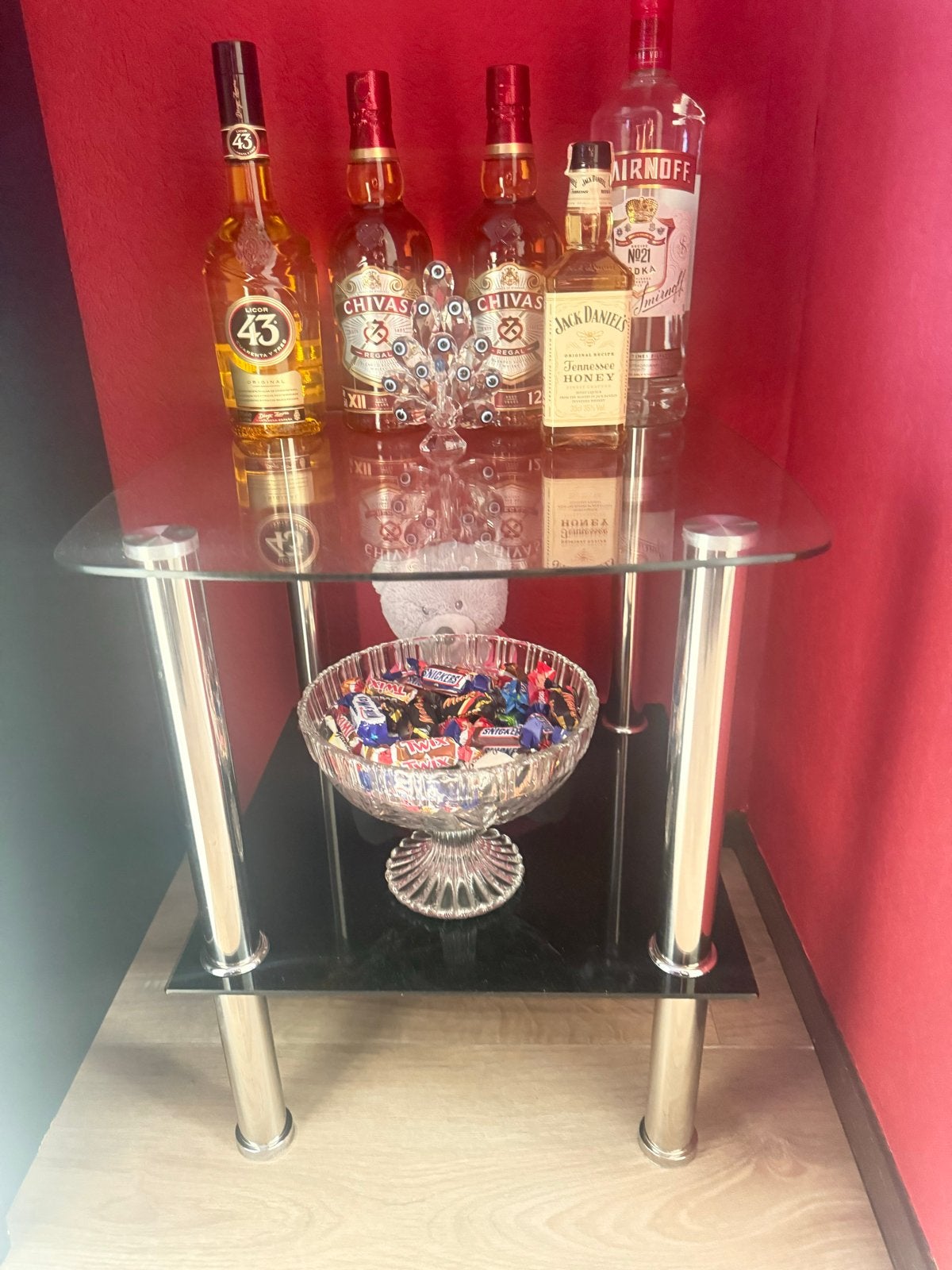Glazen bijzettafel met chromen poten, Minder dan 55 cm, Vierkant, Ophalen, 45 tot 60 cm
