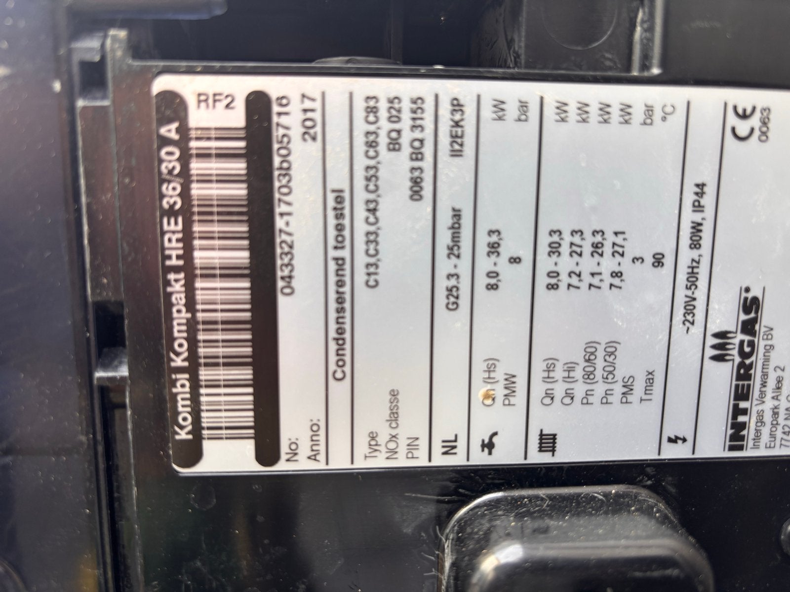 Intergas HRE 36/30 CW5 uit 2017, Ophalen of Verzenden, Gebruikt