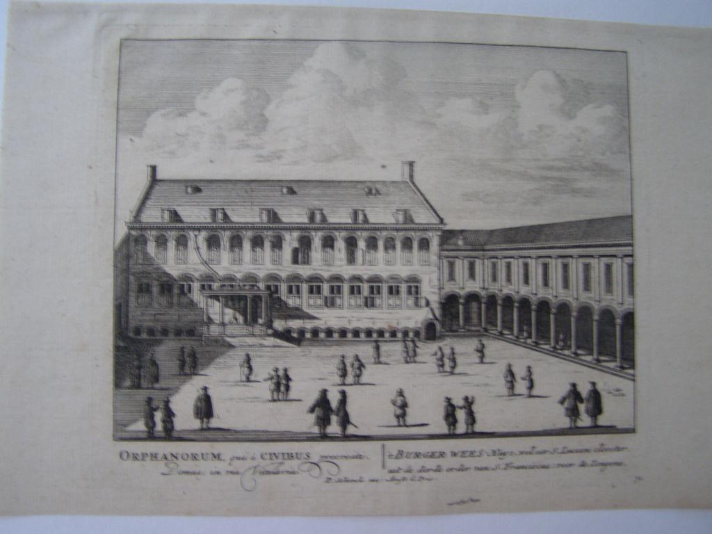 gravure Burger Weeshuys voor Jongens Amsterdam 1708 P.Schenk, Antiek en Kunst, Kunst | Etsen en Gravures, 18 cm, 26 cm, Stadsgezicht