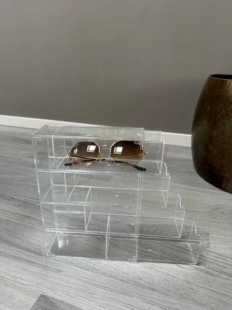Transparante lade-organizer met 4 lades voor zonnebrilllen, Ophalen of Verzenden, Gebruikt, Kunststof, Modern