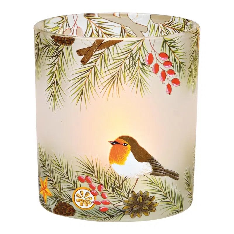 Sfeervol Glazen Kerst Windlicht – Wit met Dennen & Vogel, Windlicht, Nieuw, Ophalen of Verzenden, Glas