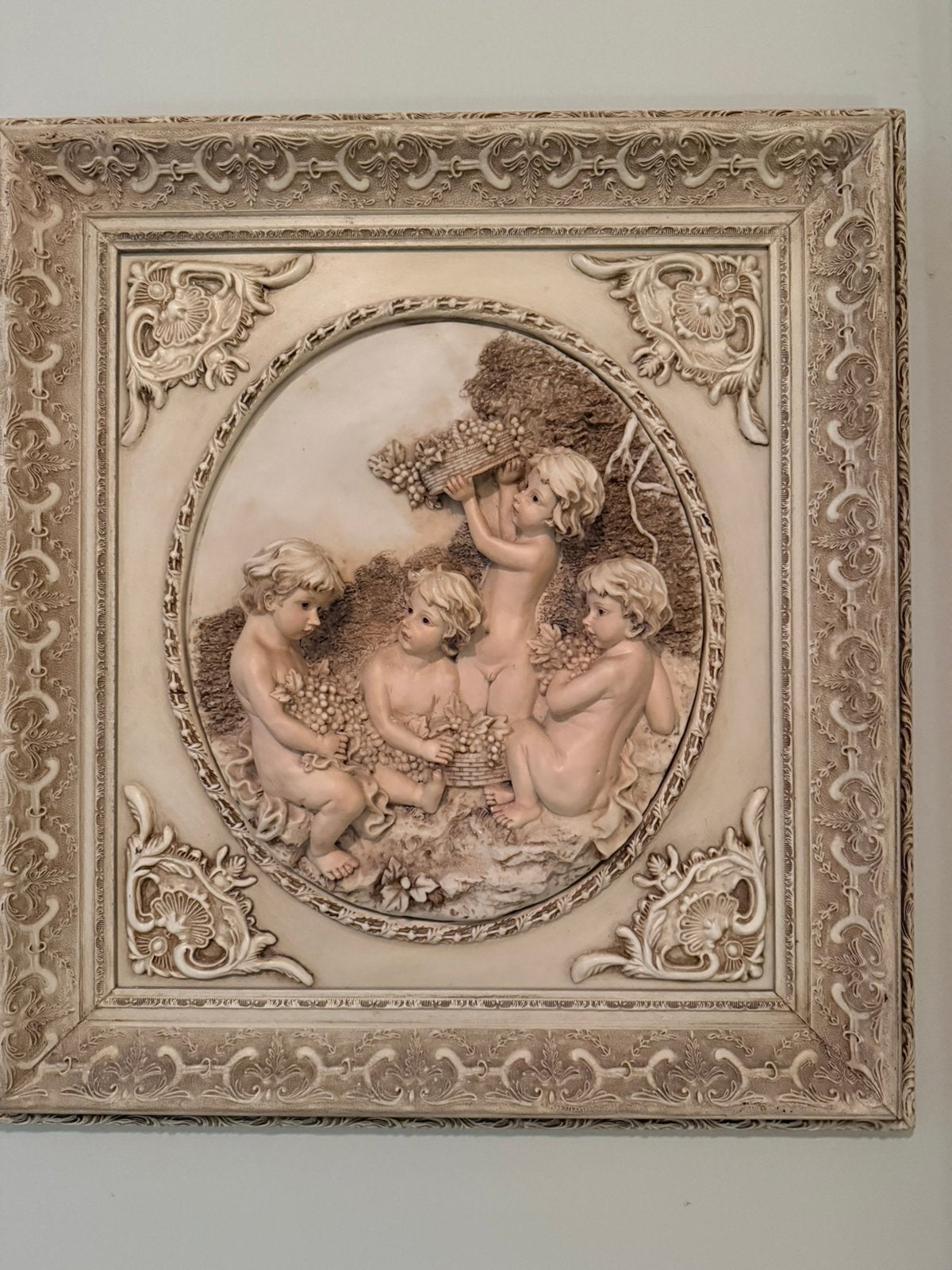 Prachtige 3d reliëf schilderij met engelen, Paneel, Overige technieken, Bijzondere lijst, Ophalen of Verzenden