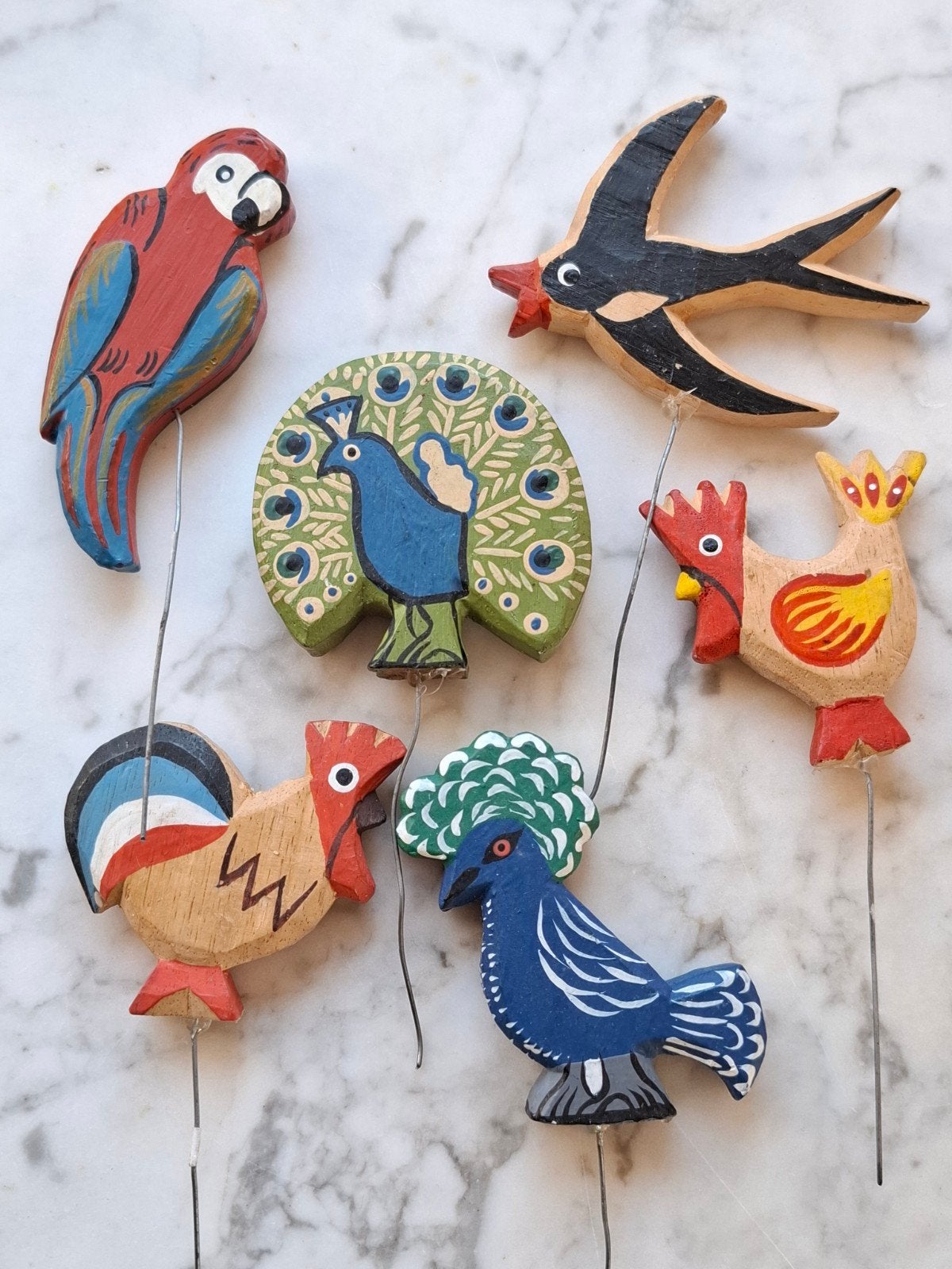 vintage houten vogeltjes stekers figuren, Verzenden