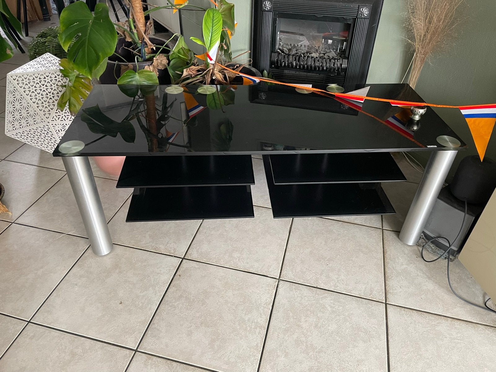 Spectral TV-meubel Design zwart glas RVS poten, Ophalen, Gebruikt, 100 tot 150 cm, Glas