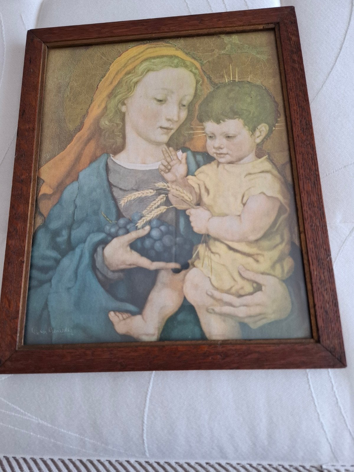 Oude ingelijste prent: Maria met Kind, 25 x 31 cm, Ophalen