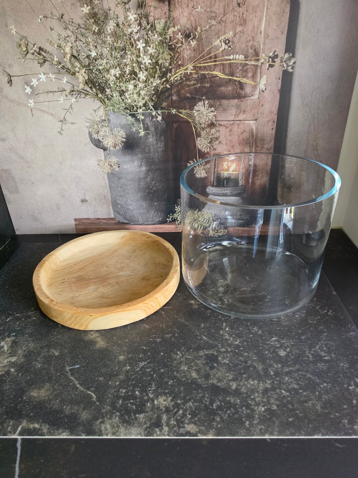 mooie glazen pot met houten schaal, Glas, Ophalen, Zo goed als nieuw