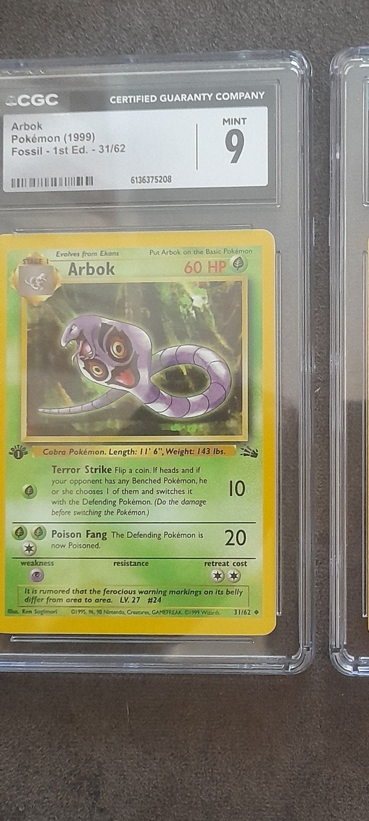 Arbok Pokémon Kaart (1999) Fossil 1st Ed. CGC Mint 9, Ophalen of Verzenden