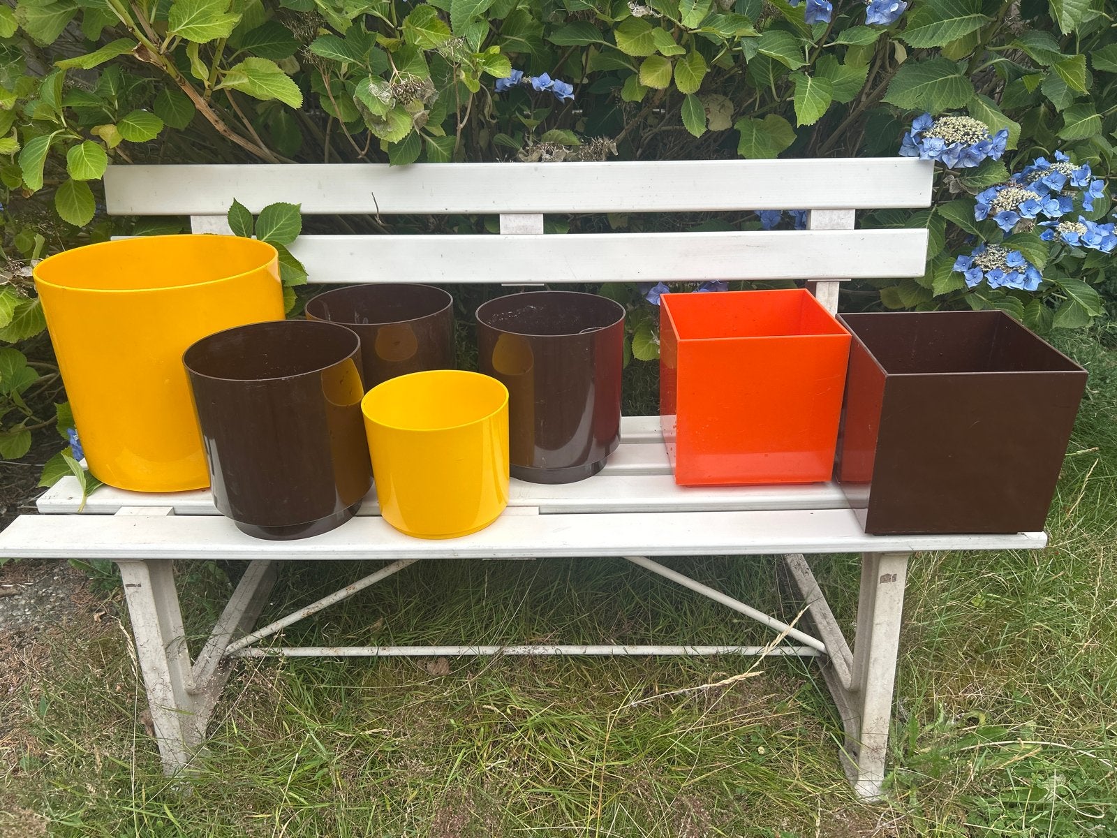 Vintage Space Age Bloempotten - Oranje, Geel, Bruin, Tuin en Terras, Bloempotten, Kunststof, Gebruikt, Rond, Binnen