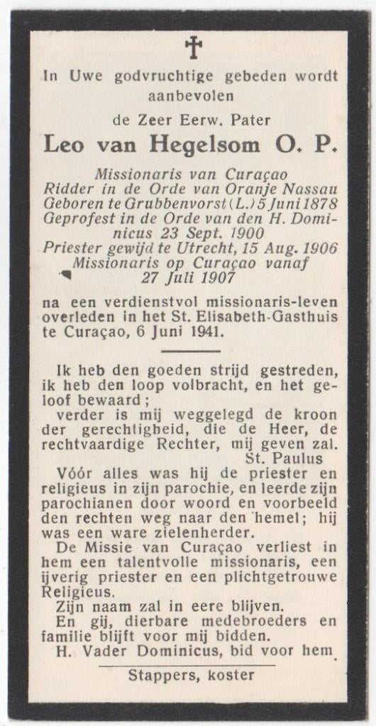 Pater Leo van Hegelsom 1878 Grubbenvorst + 1941 Curacao, Verzenden