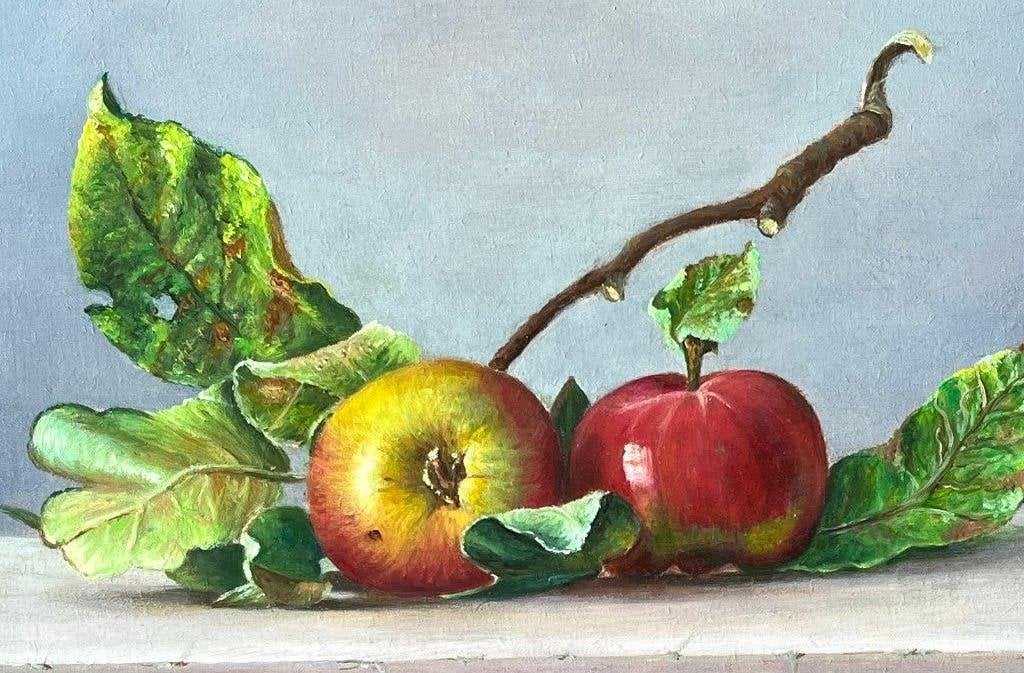 Schilderij stilleven appels op tafel. Hans Habraken., Antiek en Kunst, Ingelijst, Paneel, Realistisch, Stilleven